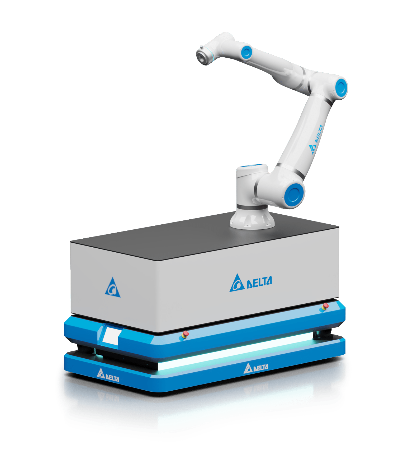Human hand gently interacting with a Delta collaborative robot, demonstrating the safe and intuitive design of cobots for human-robot collaboration in smart manufacturing environments.