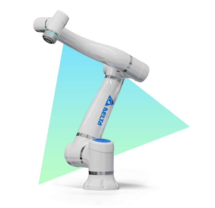Human hand gently interacting with a Delta collaborative robot, demonstrating the safe and intuitive design of cobots for human-robot collaboration in smart manufacturing environments.