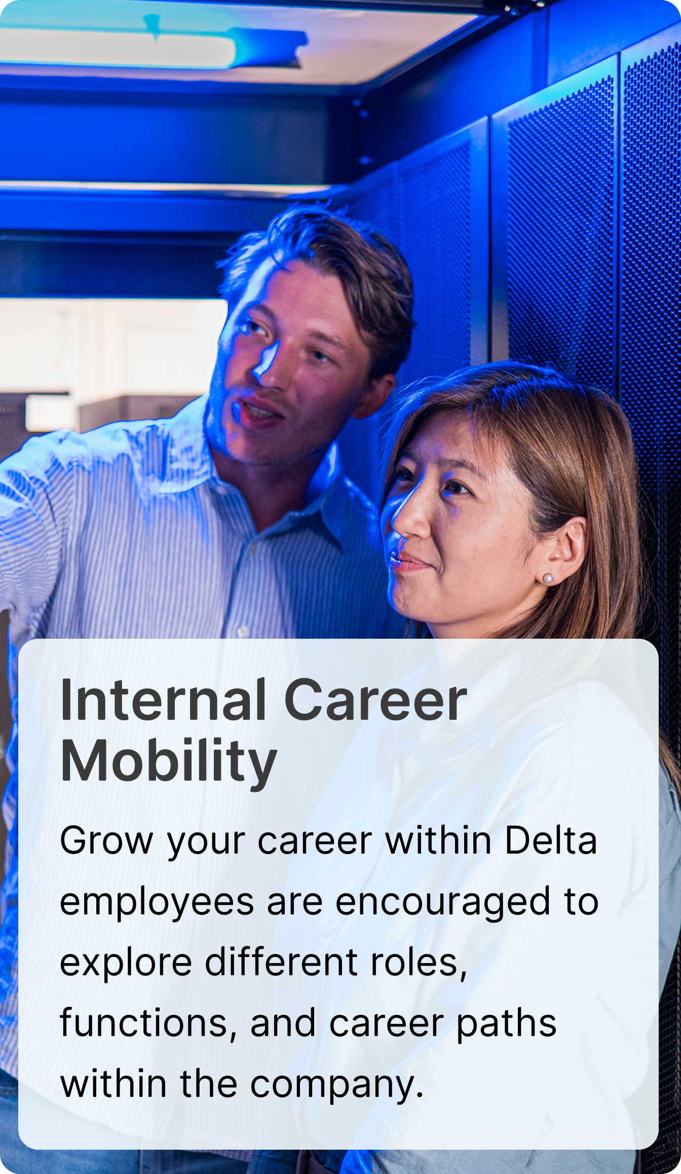 Internal Career Mobility — Grow your career within Delta. Employees are encouraged to explore different roles, functions, and career paths within the company.