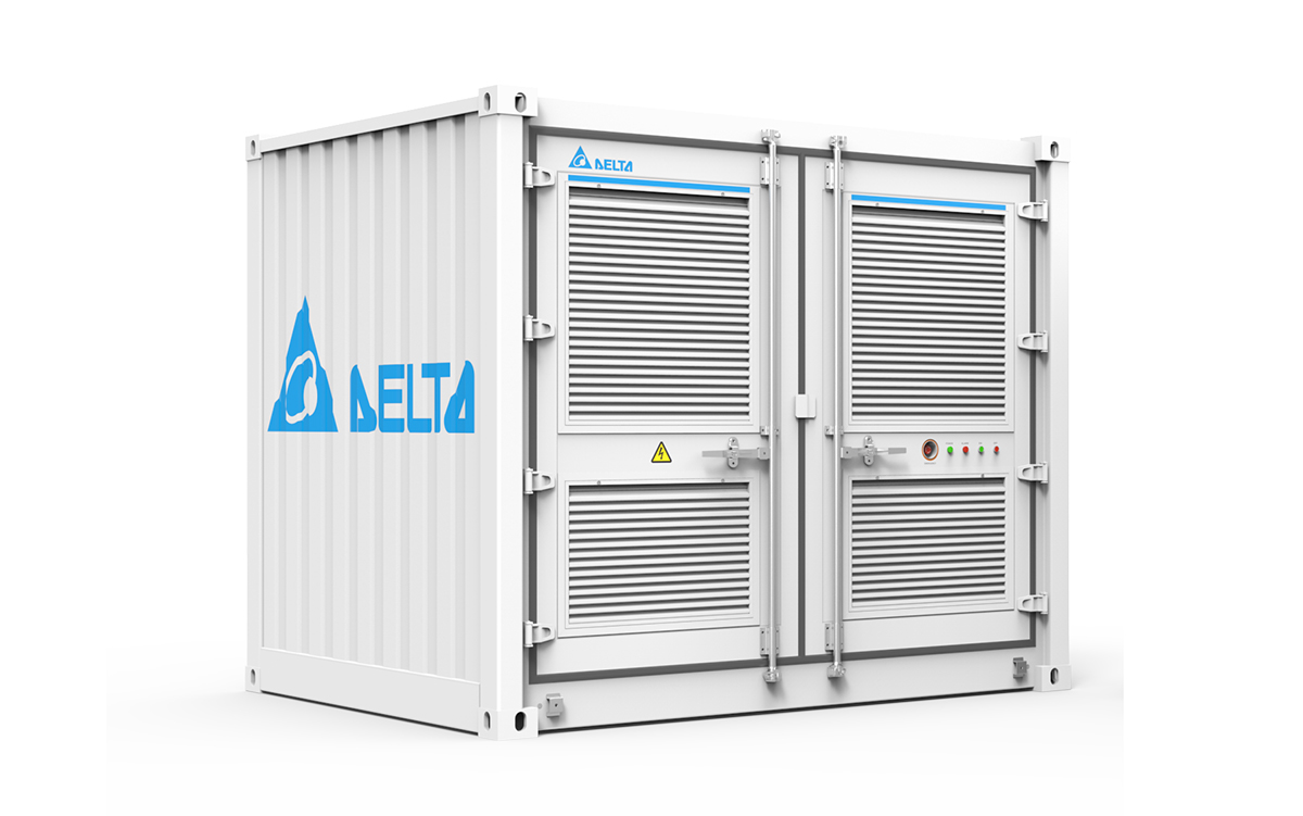 White modular solid-state transformer enclosure with Delta branding, ventilation panels, warning symbols, and front access doors.