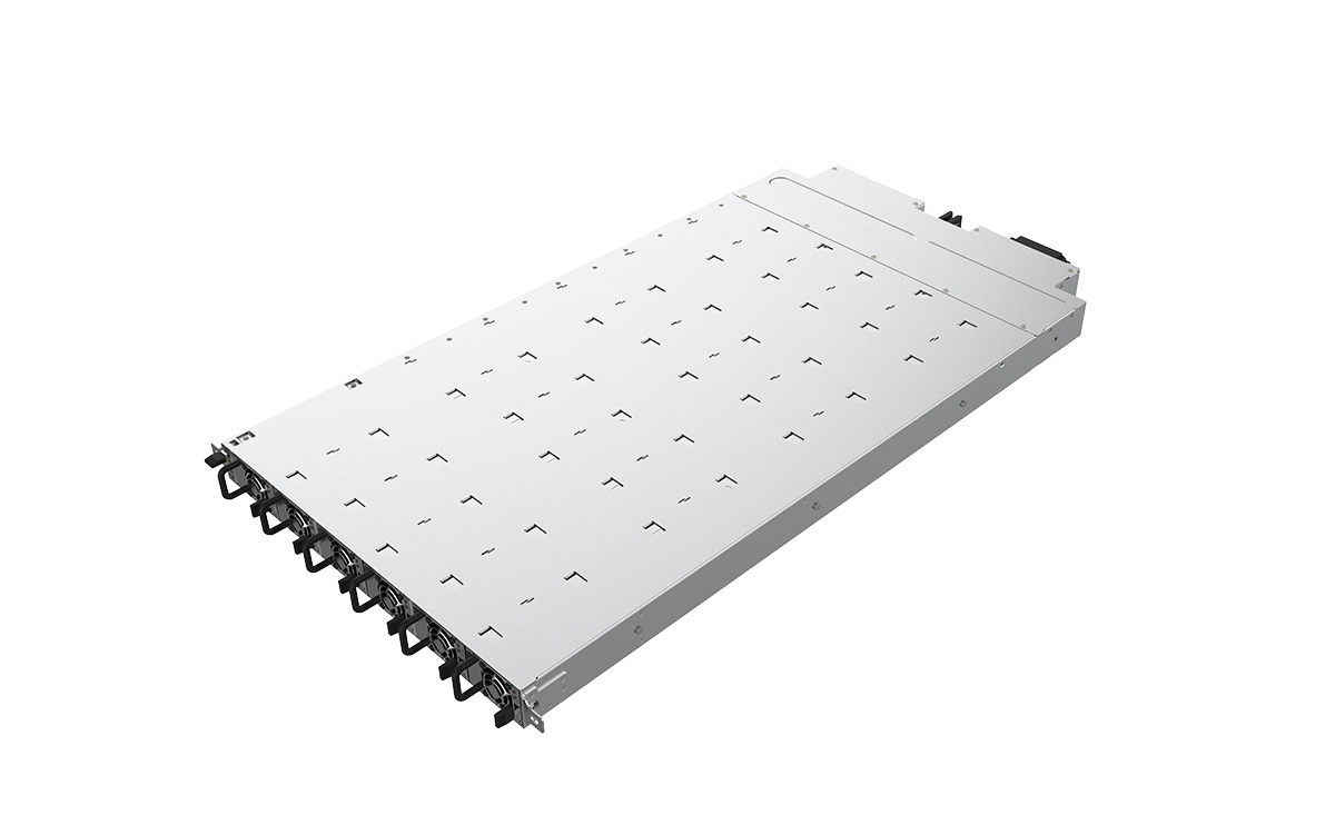Slim silver 19-inch rack-mount DC-DC power shelf viewed at an angle, with multiple connector interfaces along the front edge.