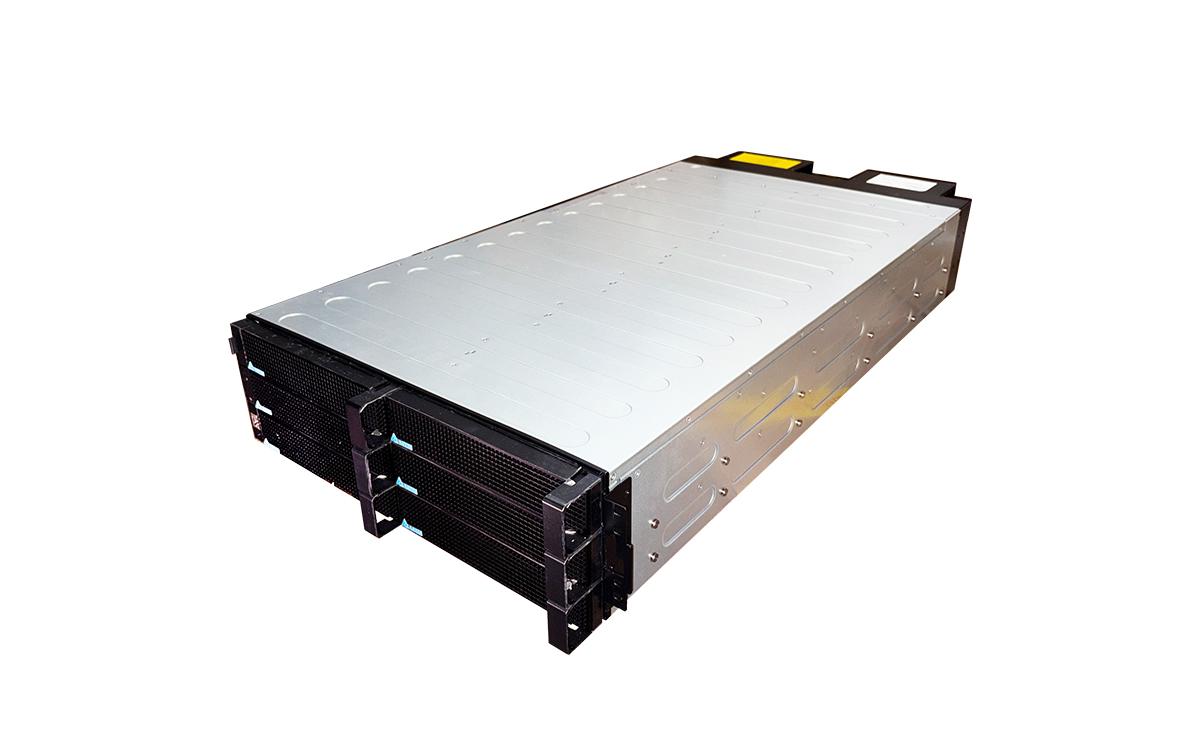 Silver 19-inch rack-mount AC/DC power shelf with black front modules and rear connection hardware.