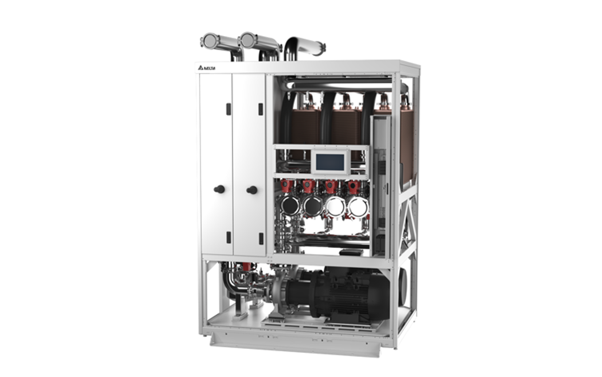 White open-frame liquid-to-liquid coolant distribution unit with pumps, piping, controls, and service panels.