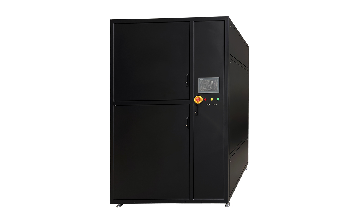 Large black liquid-to-liquid in-row cooling distribution unit with a front control panel and service doors.