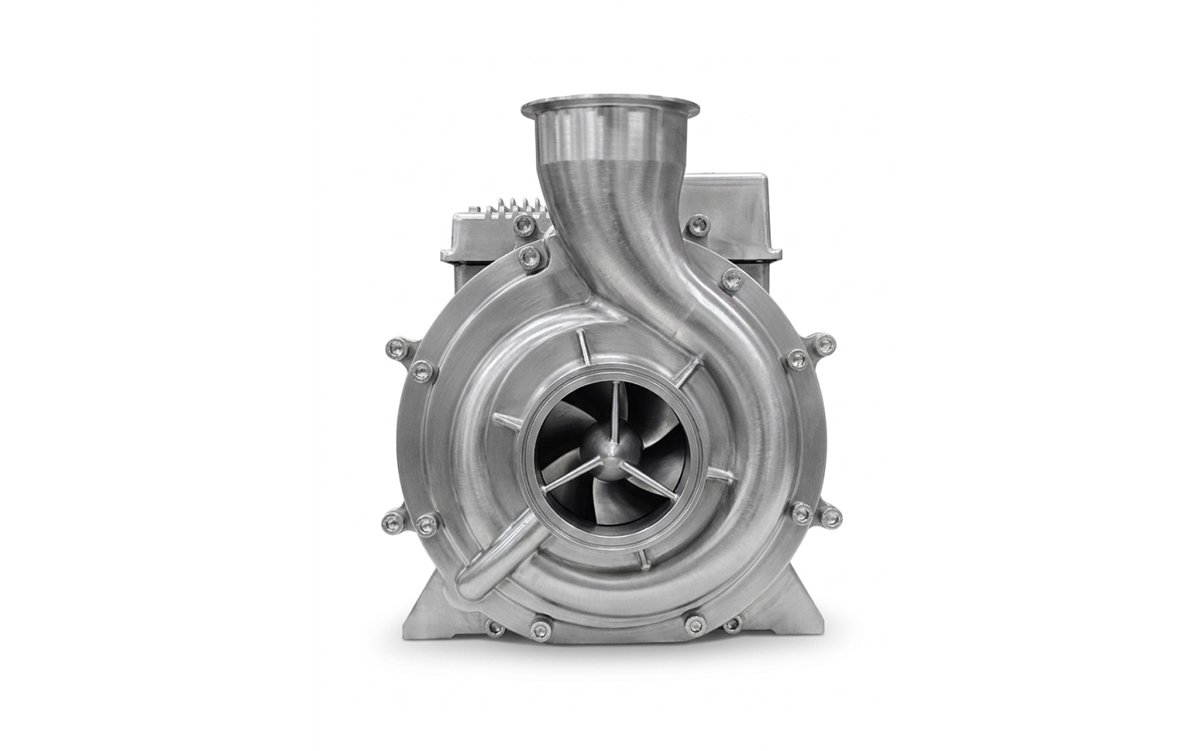 Compact silver centrifugal electrical pump shown from the front, with a circular impeller housing and connected pipe ports.