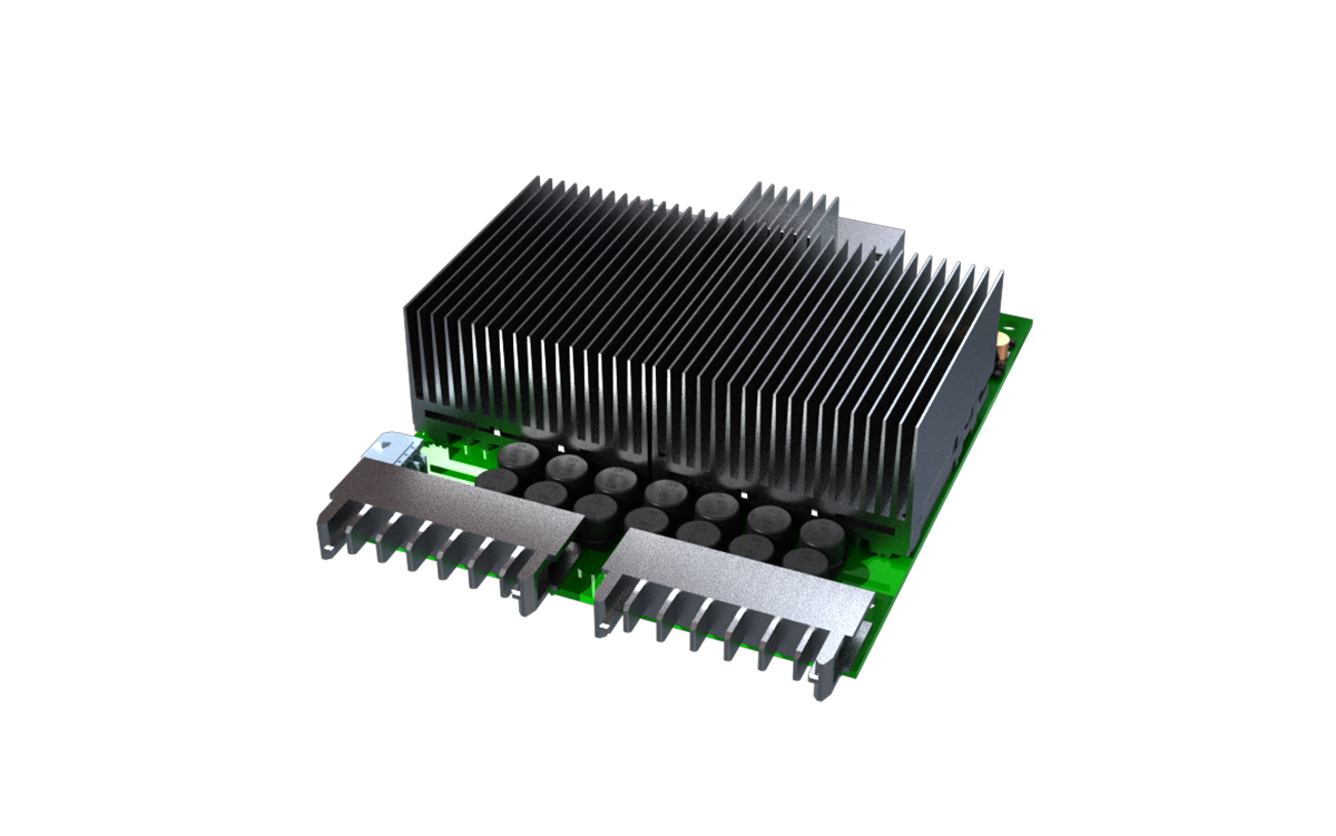 Green power distribution circuit board with black finned heatsinks, capacitors, and front power connectors.