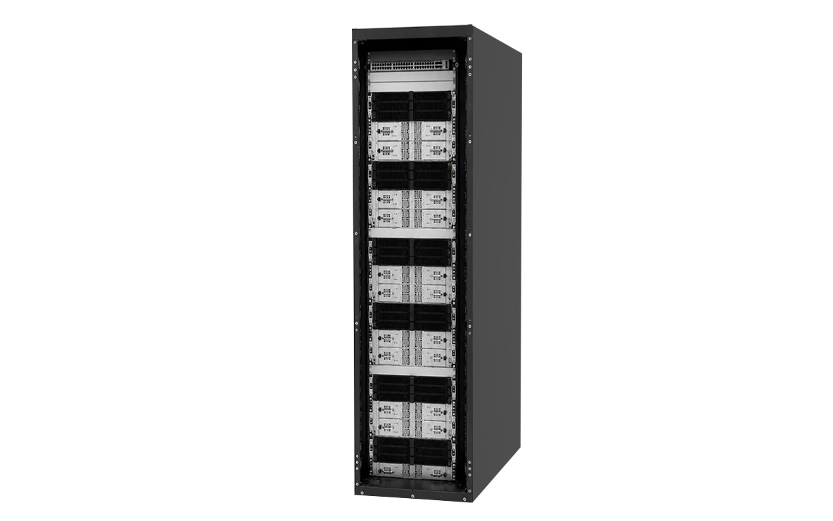 Tall black in-row power cabinet with a front display and organized power modules.