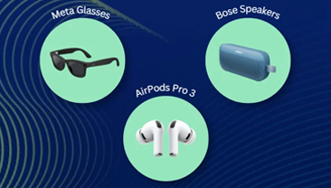Delta Lucky Draw artwork featuring Meta smart glasses, Bose speakers, Apple AirPods Pro 3, and OCP Global Summit details