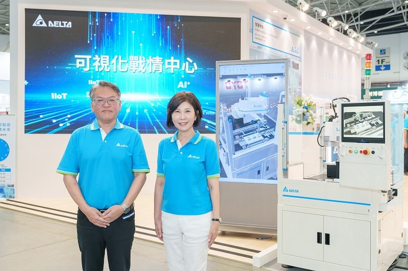 Delta charts the path to smart green manufacturing with its AI-enhanced cyber-physical integrated digital green factory solutions unveiled at Automation Taipei 2024. Ms. Shan-shan Guo (right), Chief Brand Officer of Delta and Mr. Joe Wu, Deputy BG Head of Industrial Automation Business Group of Delta, attended the exhibition.