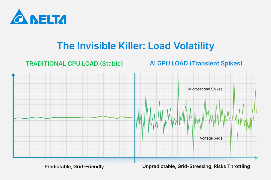 the invisible killer: load volatility. Traditional cpu load (stable) vs ai gpu load (transient spikes)