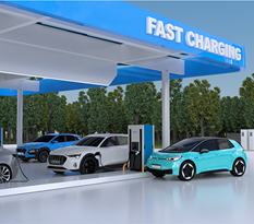 A high-power EV fast-charging station is next to a highway with multiple DC chargers in use